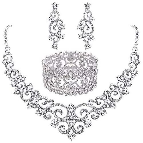 EVER FAITH Crystal Art Deco Bridal Stretch Bracelet Bundle Vintage Bridal Necklace Earrings Set