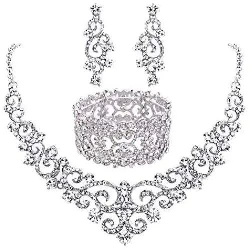 EVER FAITH Crystal Art Deco Bridal Stretch Bracelet Bundle Vintage Bridal Necklace Earrings Set EVER FAITH Crystal Art Deco Bridal Stretch Bracelet Bundle Vintage Bridal Necklace Earrings Set