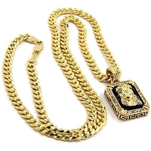Mens Gold Plated Hip-Hop Iced Cz Black Ruby Jesus Face Pendant 5mm 24'' Cuban Chain Necklace D541