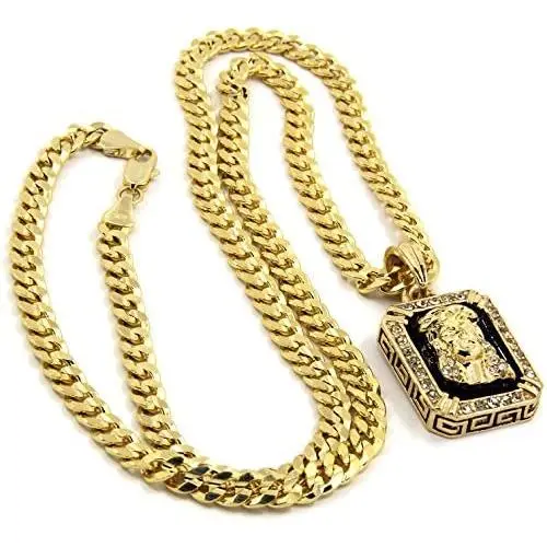 Mens Gold Plated Hip-Hop Iced Cz Black Ruby Jesus Face Pendant 5mm 24'' Cuban Chain Necklace D541 Mens Gold Plated Hip-Hop Iced Cz Black Ruby Jesus Face Pendant 5mm 24'' Cuban Chain Necklace D541