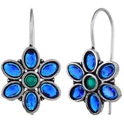 Saissa Silver Plated Oxidised Metal Lightweight Blue Stone Indian Earrings Jewelry for Girls and Women
