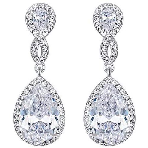 EVER FAITH Zircon Austrian Crystal Wedding 8-Shape Dangle Earrings Clear Silver-Tone