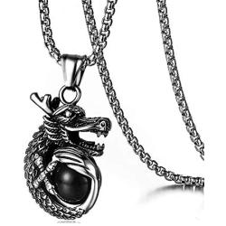 Heavstjer Punk Rock Stainless Steel Dragon Pendant Crystal Ball Necklace,24inches Link Chain