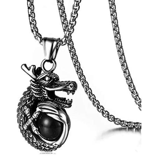Heavstjer Punk Rock Stainless Steel Dragon Pendant Crystal Ball Necklace,24inches Link Chain