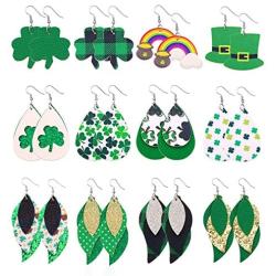 Sincahfy St Patricks Day Earrings For Women Teardrop Faux Leather Earrings Green Hat Rainbow Shamrock Earrings Drop Dangle Earrings St Patricks Day Jewelry 12 Pairs