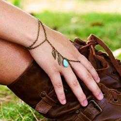 Derora Layered Finger Ring Bracelet Gold Leaf Hand Bracelet Chain Jewelry for Women and Girls