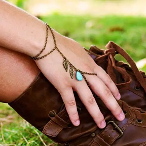 Derora Layered Finger Ring Bracelet Gold Leaf Hand Bracelet Chain Jewelry for Women and Girls