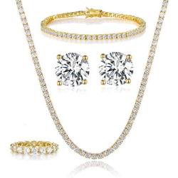 GEMSME 18K Yellow Gold Plated Tennis Necklace/Bracelet/Earrings/Band Ring Sets Pack of 4