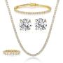 GEMSME 18K Yellow Gold Plated Tennis Necklace/Bracelet/Earrings/Band Ring Sets Pack of 4