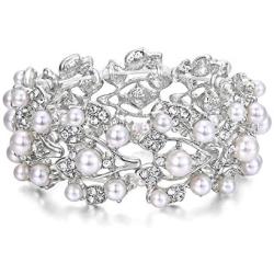 EVER FAITH Crystal Cream Simulated Pearl 1920s Style Leaf Stretch Bracelet Clear