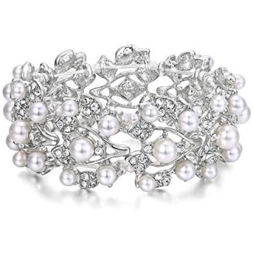 EVER FAITH Crystal Cream Simulated Pearl 1920s Style Leaf Stretch Bracelet Clear