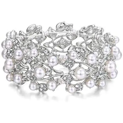 EVER FAITH Crystal Cream Simulated Pearl 1920s Style Leaf Stretch Bracelet Clear EVER FAITH Crystal Cream Simulated Pearl 1920s Style Leaf Stretch Bracelet Clear