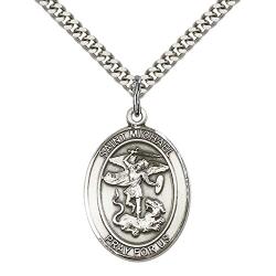 Sterling Silver St. Michael the Archangel Pendant with 24'' Stainless Silver Heavy Curb Chain. Patron Saint of Police Officers/EMTs