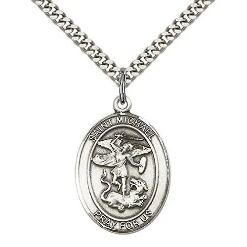 Sterling Silver St. Michael the Archangel Pendant with 24'' Stainless Silver Heavy Curb Chain. Patron Saint of Police Officers/EMTs Sterling Silver St. Michael the Archangel Pendant with 24'' Stainless Silver Heavy Curb Chain. Patron Saint of Police Officers/EMTs