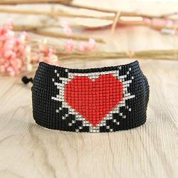 KELITCH Wax Rope Wrap Bracelets Heart Beat Shape Miyuki Statement Bracelets Handmade Braided Jewelry