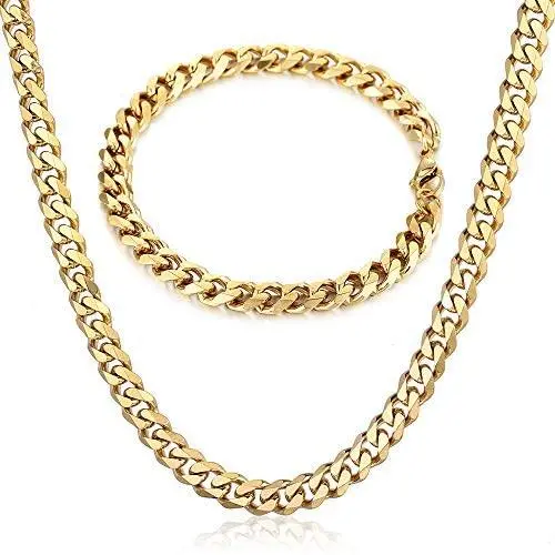 7mm Gold Plated Stainless Steel Curb Cuban Chain Necklace 18inch bracelet 8inch Jewelry Set Fashion Jewelry Set for Men Women