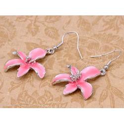 Alilang Silvery Tone Blue Pink Hawaiian Tropical Floral Pendant Necklace Dangle Earrings Set