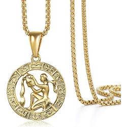 Hermah Gold Plated Zodiac Sign Pendant Necklace for Women Men Leo AriesConstellation Horoscope Pendant Stainless Steel Box Link Chain 22inch