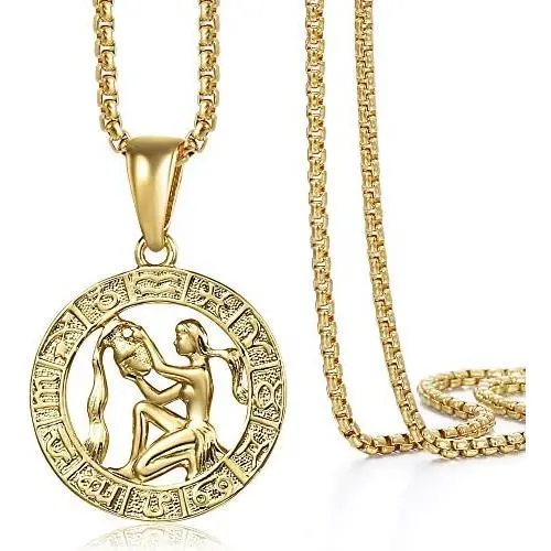 Hermah Gold Plated Zodiac Sign Pendant Necklace for Women Men Leo AriesConstellation Horoscope Pendant Stainless Steel Box Link Chain 22inch