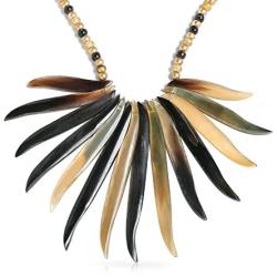 Bling Jewelry Natural Organic Buffalo Horn Tribal Boho Fashion Tweak Wood Beads Fan Bib Statement Necklace for Woman for Teen