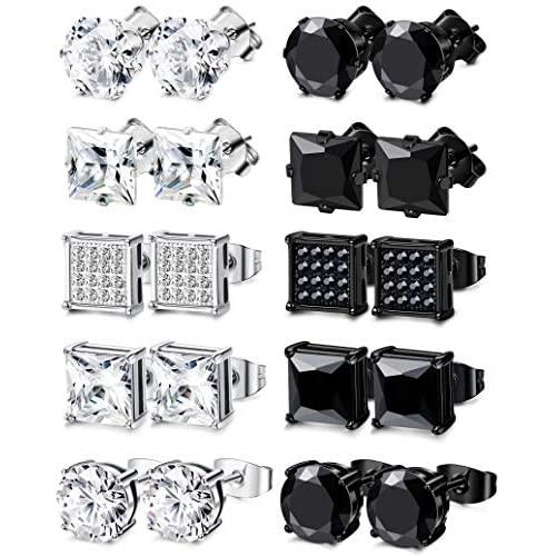 Adramata 10 Pairs Stainless Steel Stud Earrings for Men Women CZ Black Cubic Square Pierced Earrings Jewelry Set,6-8MM