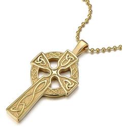 COOLSTEELANDBEYOND Stainless Steel Mens Celtic Cross Pendant Necklace with 23.6 in Ball Chain