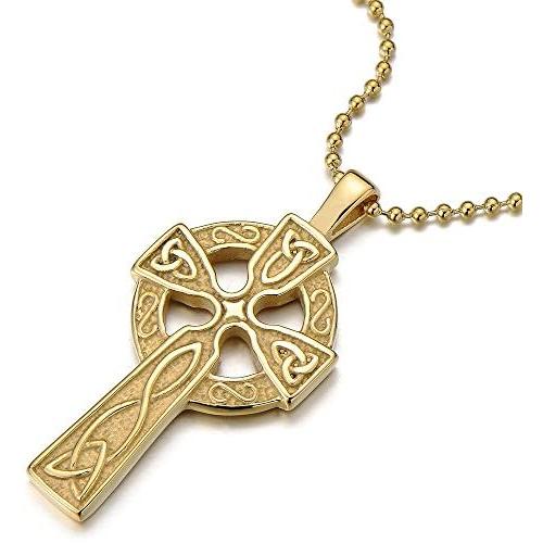 COOLSTEELANDBEYOND Stainless Steel Mens Celtic Cross Pendant Necklace with 23.6 in Ball Chain