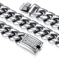 ROWIN&CO Men Chain Silver 15mm Thick Heavy Stainless Steel Miami Curb Cuban Link Necklace/Bracelet with CZ Choker Diamond Chain,8-35 inchs