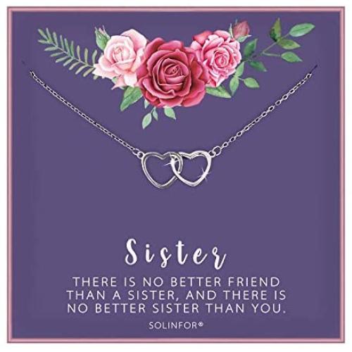 SOLINFOR Sister Necklace - Sterling Silver Jewelry with Gift Wrapping, Card - Sister Gifts from Sister - Two Interlocking Hearts Necklace for Women