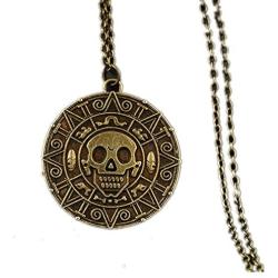 Pirates Of The Caribbean Aztec Antique Gold Skull Pendant Necklace Exaggerated Men Fashion Vintage Necklace ( Color : Bronze )