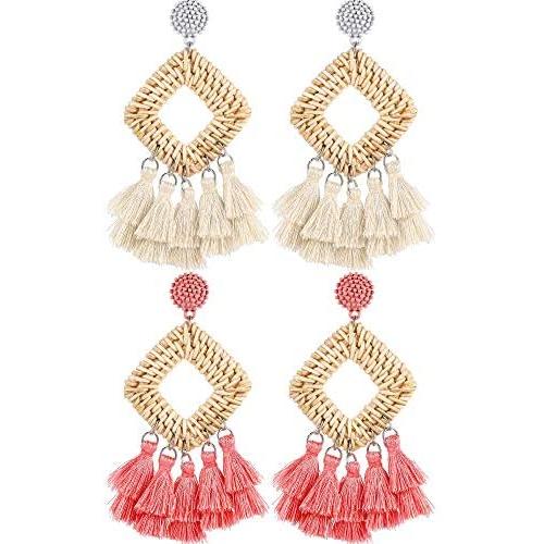 2 Pairs Rattan Tassel Earrings Bohemian Statement Woven Dangle Fringe Earrings Ethnic Tassel Drop Earrings Vintage Jewelry for Women Girls (White and Pink)