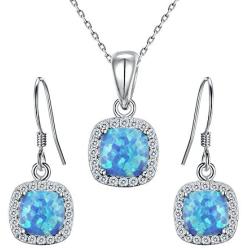 EVER FAITH 925 Sterling Silver CZ Blue Opal Gemstone Cushion Cut Halo Pendant Necklace Earrings Set