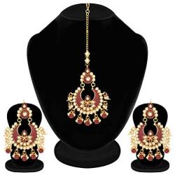 Aheli Classy Enamel Faux Stone Chandbali Style Earrings with Maang Tikka Set Indian Traditional Jewelry for Women