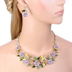 EVER FAITH Crystal Enamel Hummingbird Hibiscus Flower Leaf Necklace Earrings Set Gold-Tone