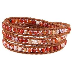 KELITCH Created Fire Agate Beads on Genuine Leather 3 Wrap Bracelet Handmade New Charm Summer Jewelry
