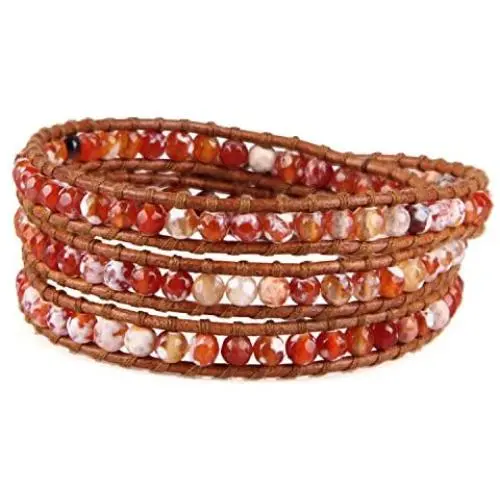 KELITCH Created Fire Agate Beads on Genuine Leather 3 Wrap Bracelet Handmade New Charm Summer Jewelry