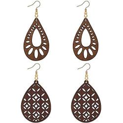Wovanoo Wood Teardrop Earrings 2 Pairs Natural Wooden Dangle Earrings Gifts for Women Girls