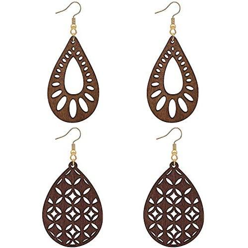 Wovanoo Wood Teardrop Earrings 2 Pairs Natural Wooden Dangle Earrings Gifts for Women Girls
