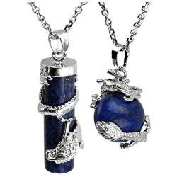 Jovivi 2pc Dragon Wrapped Round Ball Cylinder Gemstone Healing Crystal Pendant Necklaces Set
