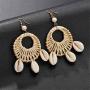 ZRosse 2 Pairs Bohemian Handmade Round Drop Earrings With Shell Pendant For Women Boho Rattan Straw Weave Knit Vine Earring Vacation Party Jewelry