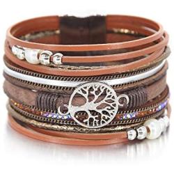 FANCY SHINY Tree of Life Leather Wrap Bracelet Inspirational Cuff Bangles Boho Pearl Bracelets with Magnetic Clasp Unique Jewelry Gifts for Women Teen Girls