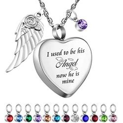 Dletay Heart Cremation Necklace for Ashes Angel Wing Urn Necklace with 12 PCS Birthstones-I Used to be His Angel, Now He/She is Mine