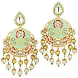 Aheli Mint Enamel Dangle Drop Earrings Studded with Faux Kundan and Pearls Indian Ethnic Bollywood Fashion Jewelry for Women