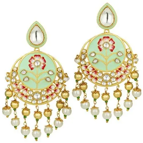 Aheli Mint Enamel Dangle Drop Earrings Studded with Faux Kundan and Pearls Indian Ethnic Bollywood Fashion Jewelry for Women Aheli Mint Enamel Dangle Drop Earrings Studded with Faux Kundan and Pearls Indian Ethnic Bollywood Fashion Jewelry for Women