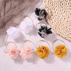 4 Pairs Bohemian Fabric Flowers Dangle Earrings Lightweight Chiffon Floral Tassel Drop Earring Colorful Handmade Charm Chic Petal Circle Hoop Earrings for Women Girl Vacation Jewelry