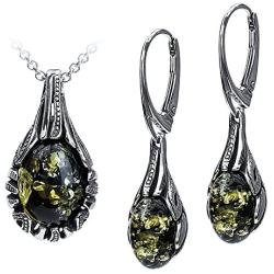 Sterling Silver Green Amber Drop Earrings Necklace Set 18 Inches