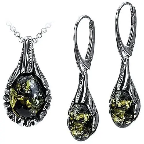 Sterling Silver Green Amber Drop Earrings Necklace Set 18 Inches Sterling Silver Green Amber Drop Earrings Necklace Set 18 Inches