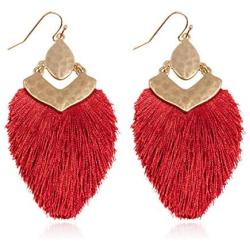 Bohemian Silky Thread Fan Fringe Tassel Statement Earrings - Lightweight Strand Feather Shape Dangles