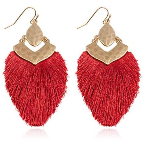 Bohemian Silky Thread Fan Fringe Tassel Statement Earrings - Lightweight Strand Feather Shape Dangles