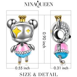 NINAQUEEN Valentines Day Gifts for Mom Princess Bear 925 Sterling Silver AAA CZ Pink Enamel Animal Bead Charms, Ideal Gifts for Granddaughter